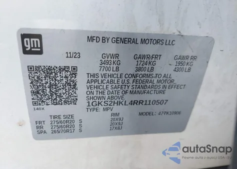 2024 GMC Yukon Xl 4Wd At4 z USA, uszkodzony, nr VIN 1GKS2HKL4RR110507